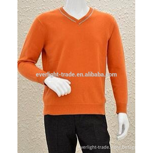 Man's pure cashmere v-neck pullover long sleeves orange color sweater